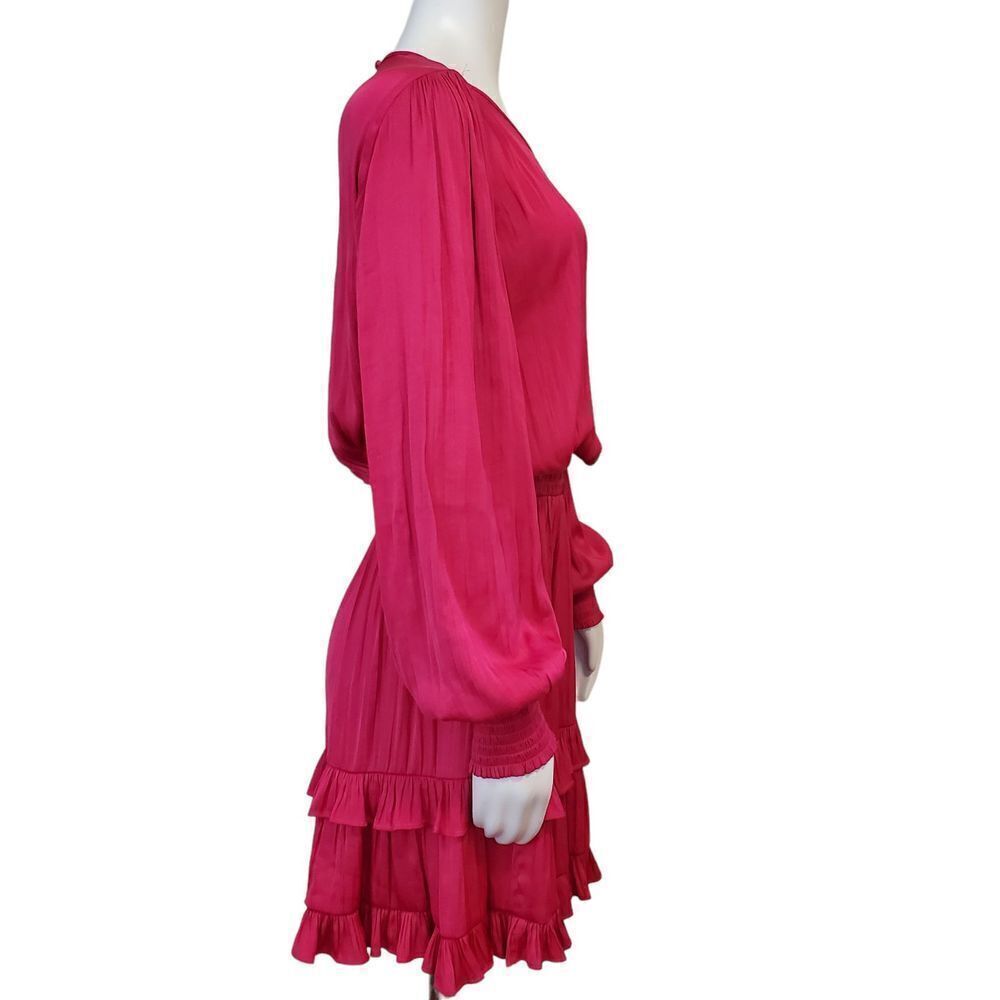 Evereve Hailey Hot Pink Fit & Flare Mini Dress Size L Long Sleeve Tiered Satin - Picture 5 of 9